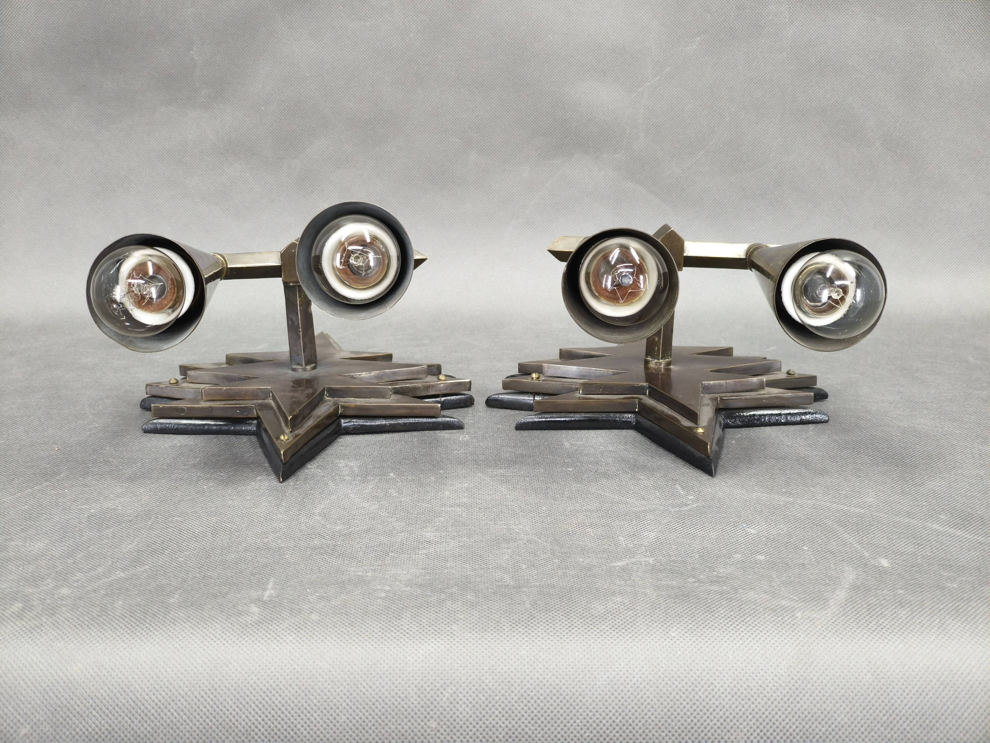 Pair of Czech Cubist Brass Wall Lights, Czechoslovakia, 1920s