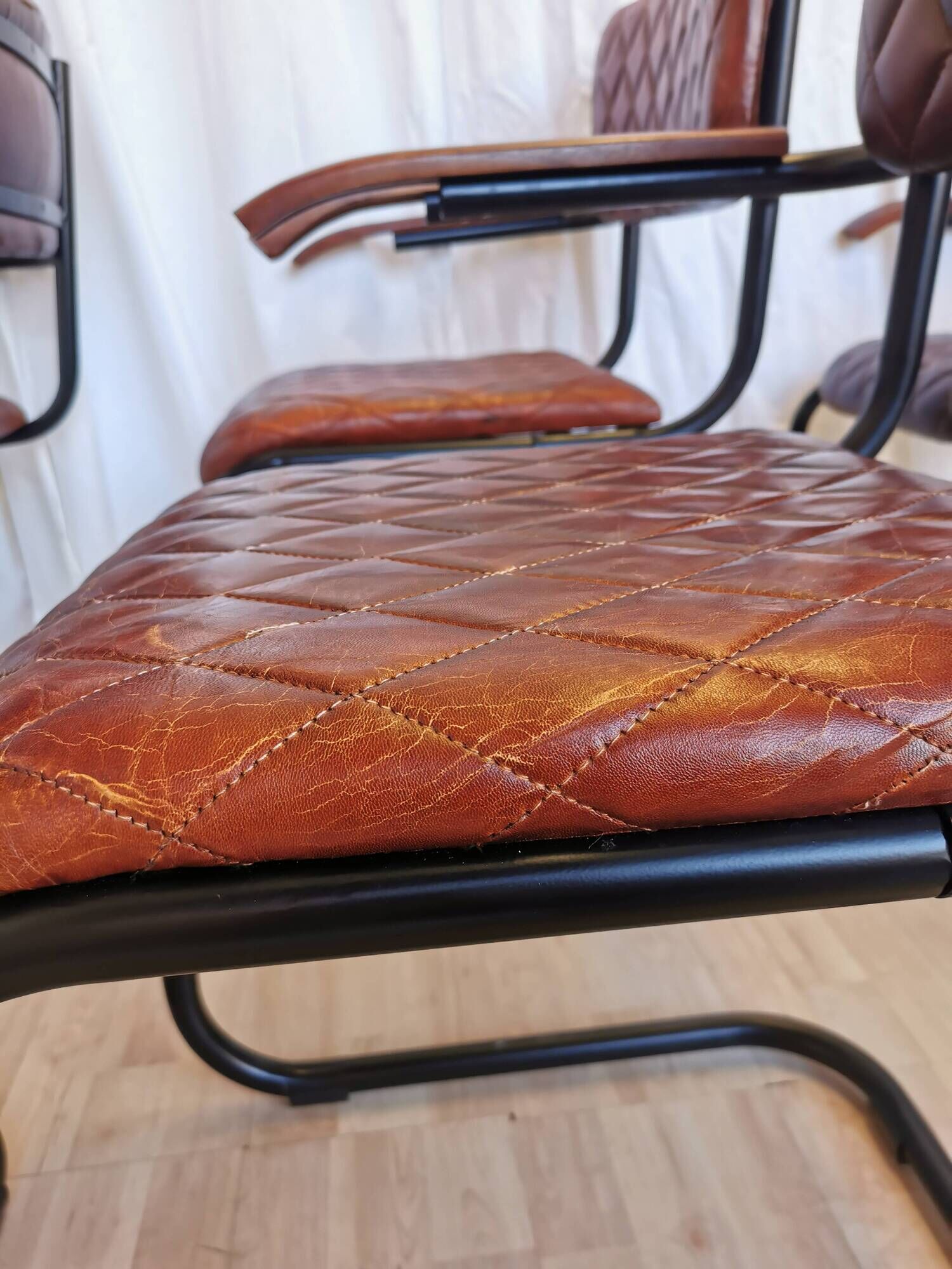Set of 6 Vintage Cognac Leather Dining Chairs: Quilted Industrial Armchair