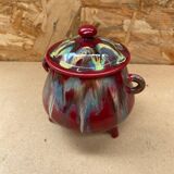 Old tripod candy jar j. guet flamed red ceramic vintage #b212