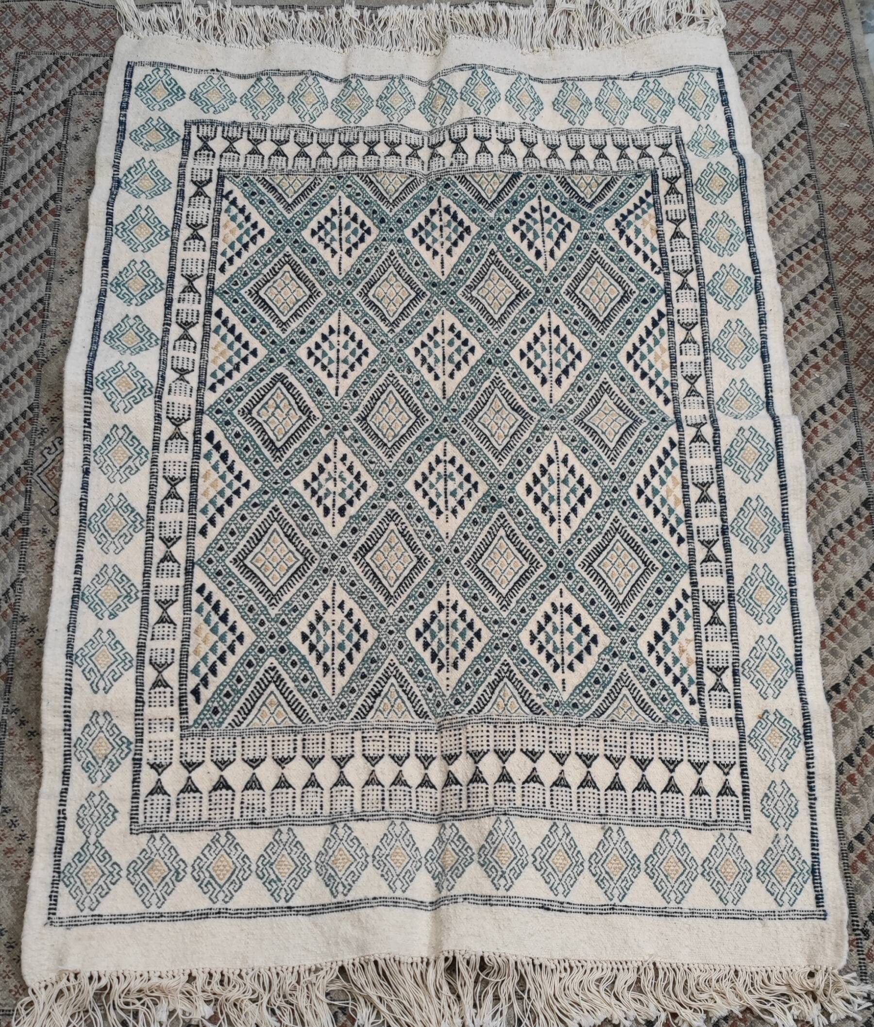 Handmade white blue and beige margoum rug
