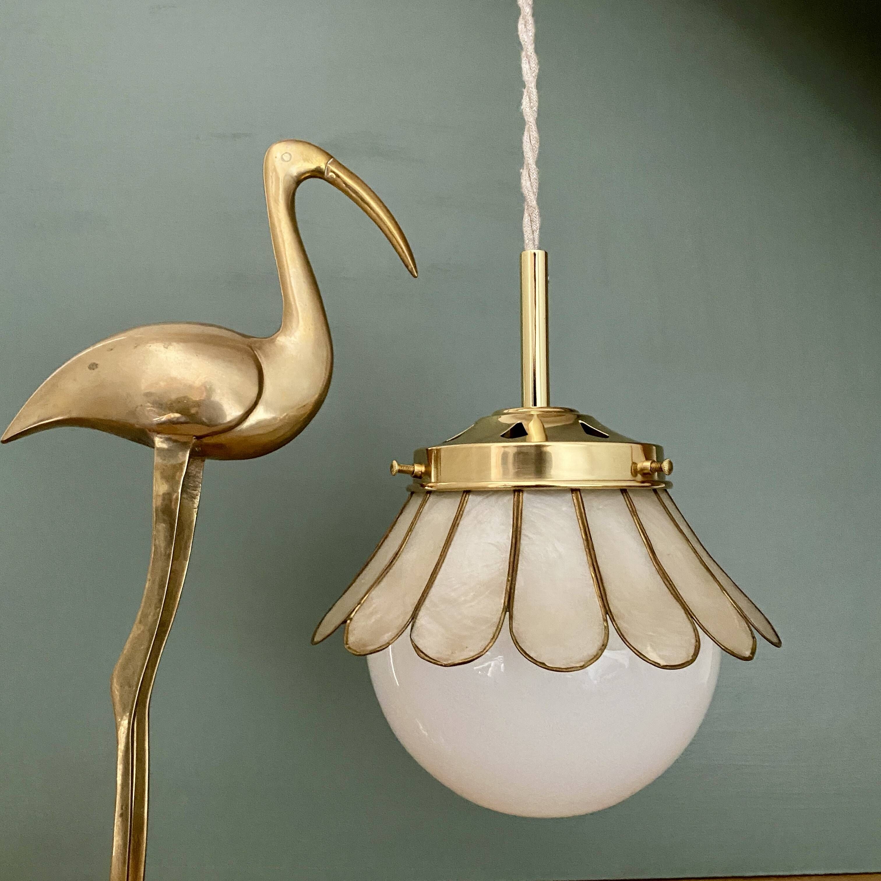Globe pendant light and vintage lampshade in opaline and mother-of-pearl