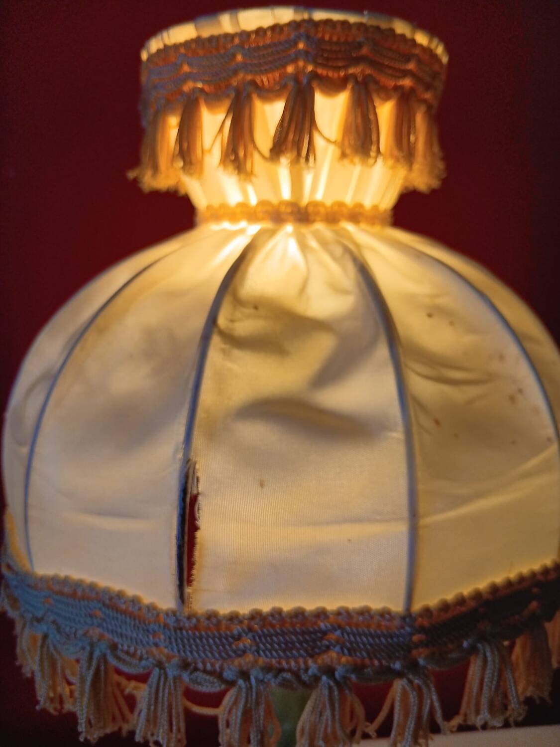 Antique lamp with green marble and bronze – fringed lampshade