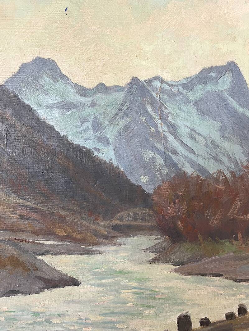 Painting "River of the Alps", Oil on panel, framed