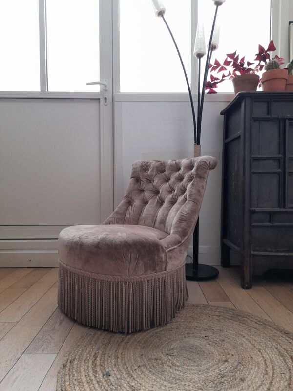 Fauteuil crapaud velours rose poudré