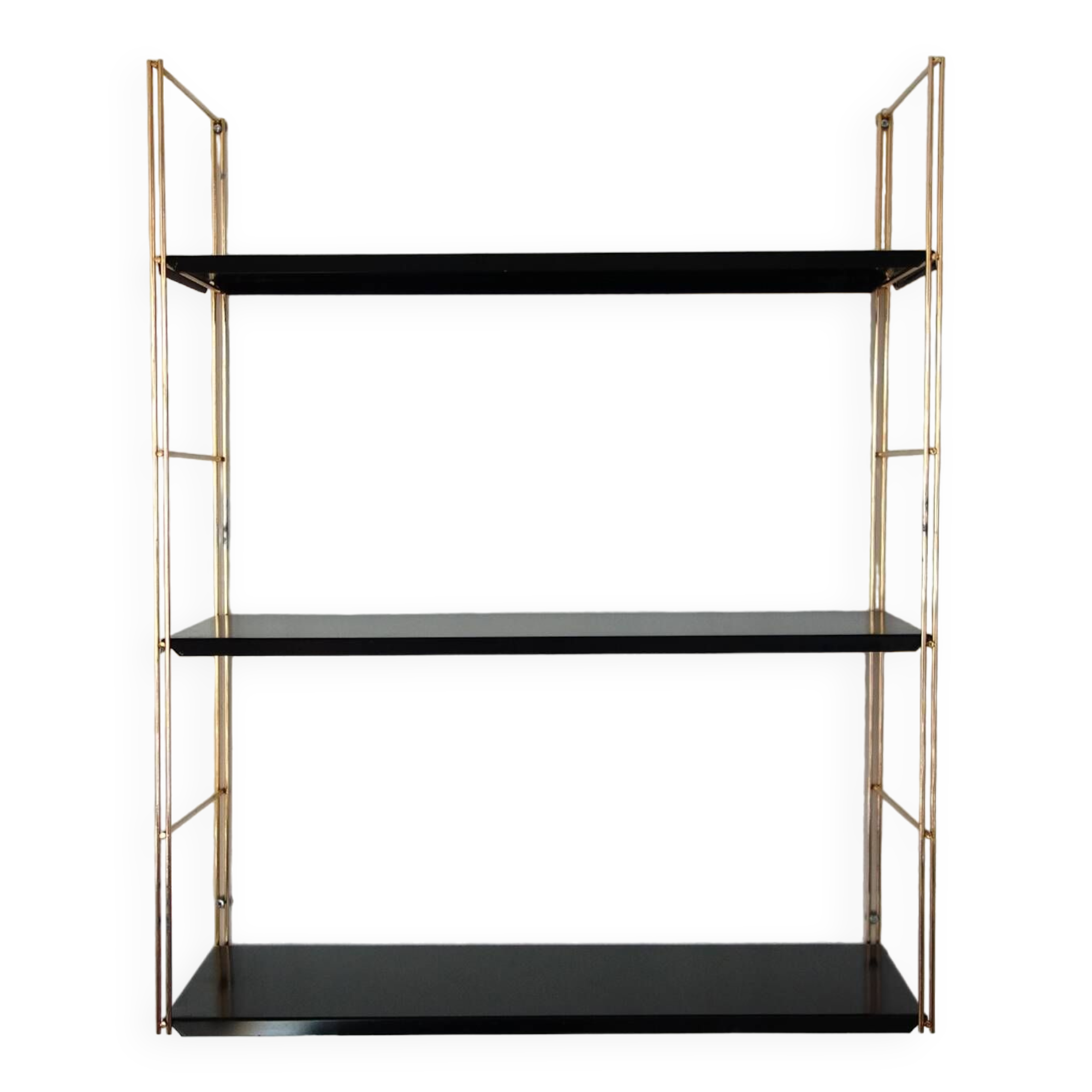 Modular string wall shelf in golden brass and black metal, 50s/60s