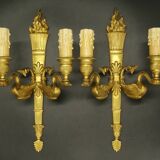 Pair of large Empire style wall lights, torch and swans - gilt bronze