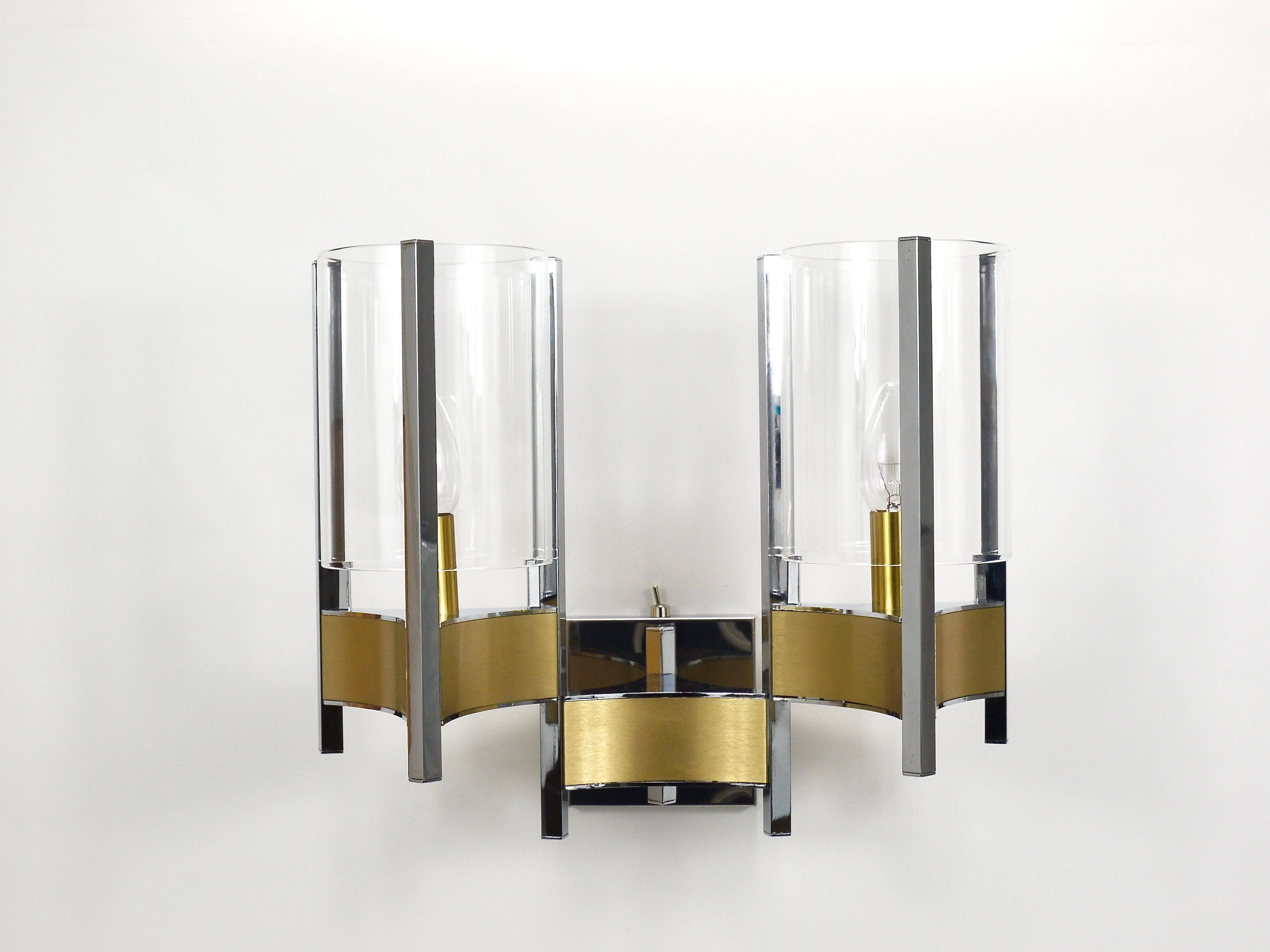 Gaetano Sciolari Large Wall Sconces / Sconces, Chrome, Brass, Glass, 1970s