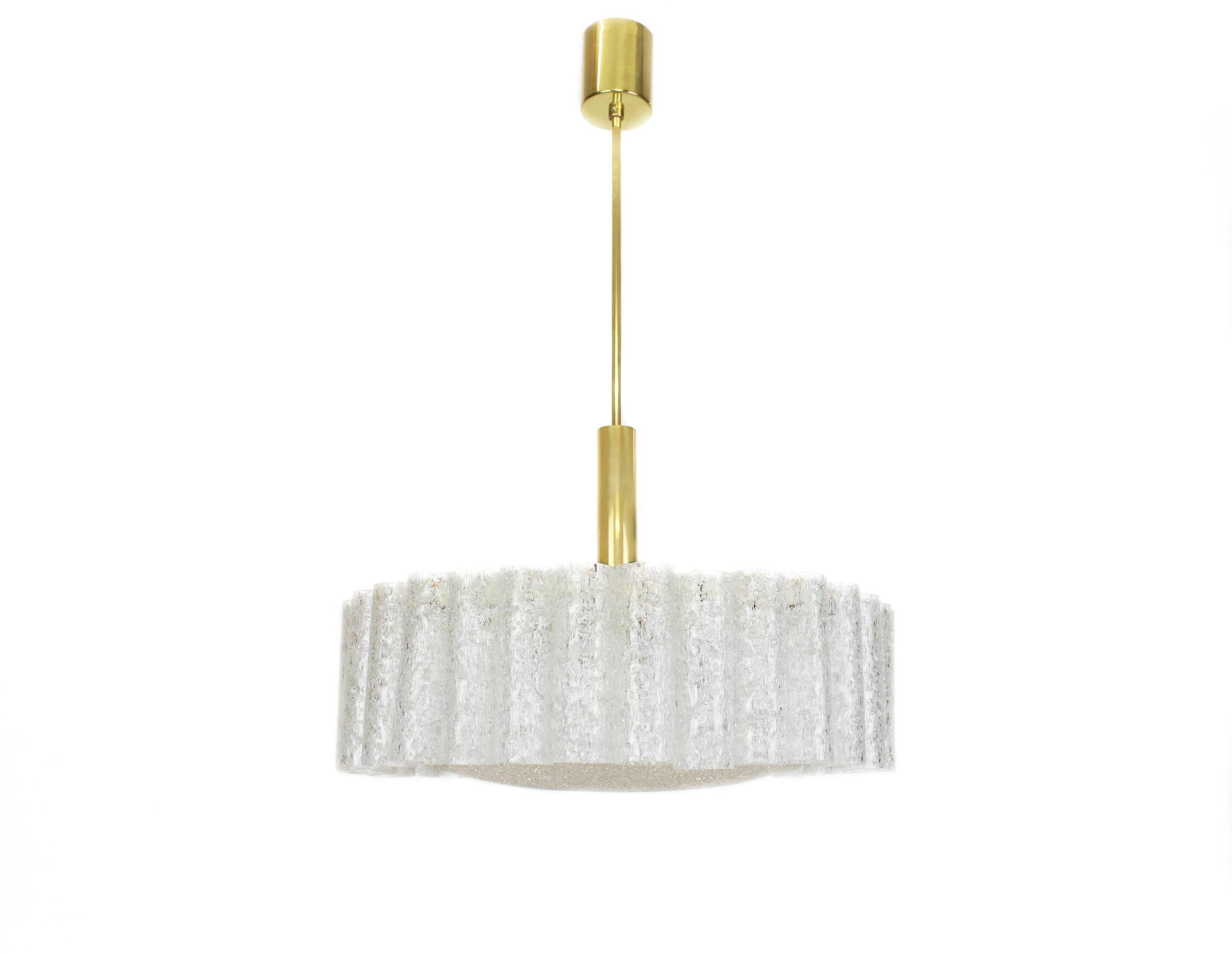 Frosted glass tube chandelier Doria with brass surround, Germany, 1960s
