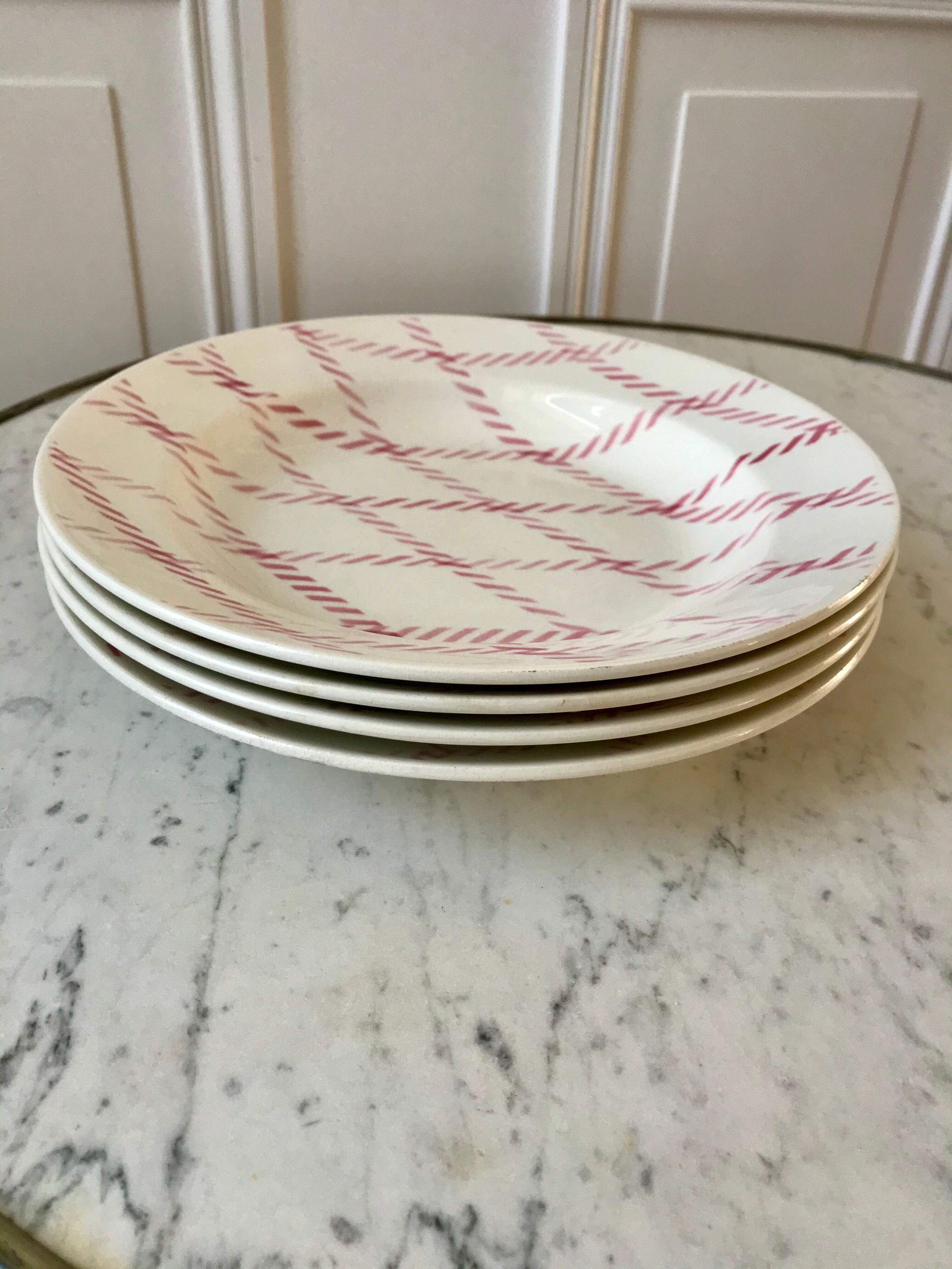 lot de 4 assiettes creuses Badonviller motif corde rose années 30