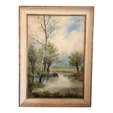 Oil Painting Canvas Shepherd Lake Cow River Fishing Landscape PATRY