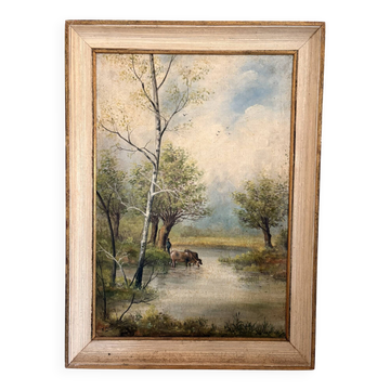 Tableau Peinture Huile Toile Berger Lac Vache Rivière Pêche Paysage PATRY