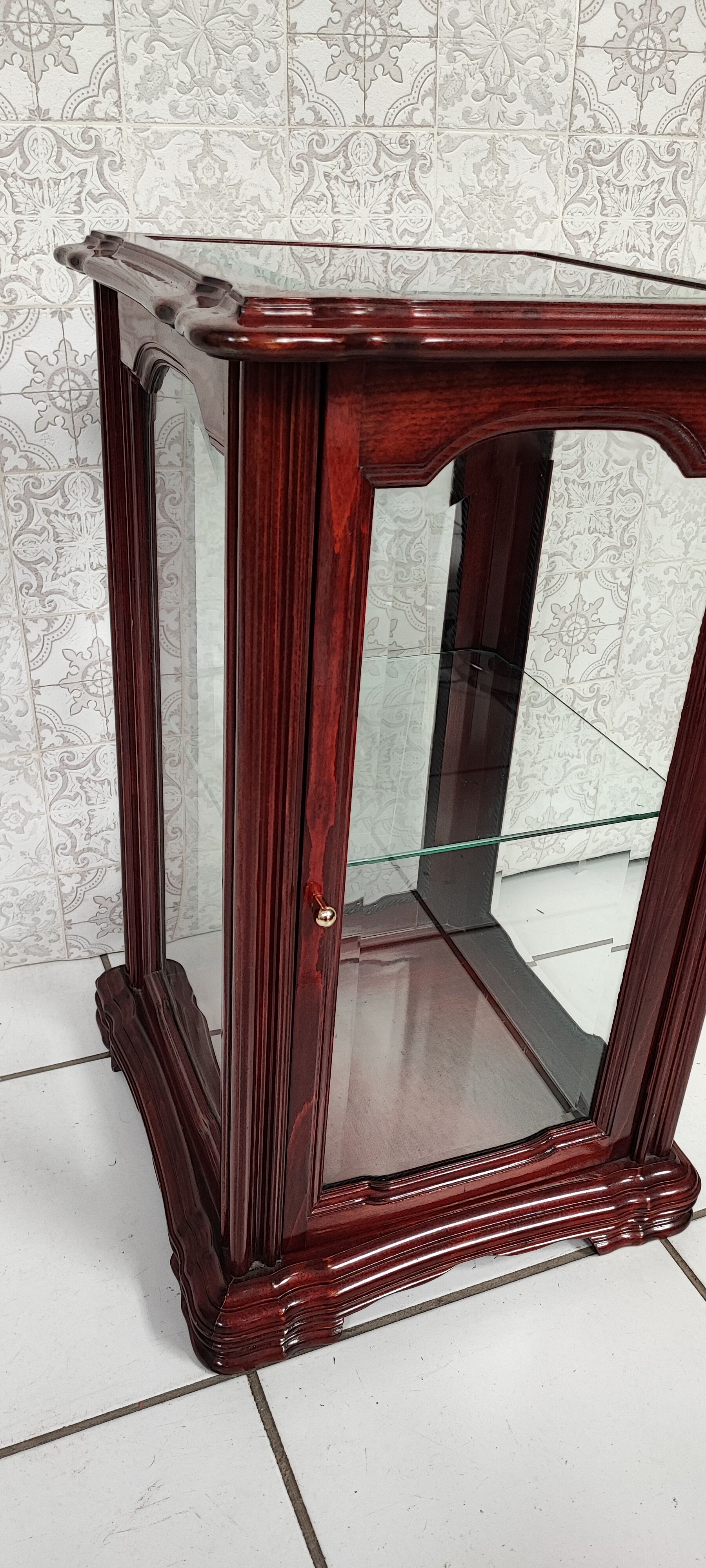 Showcase low glass beveled exotic wood