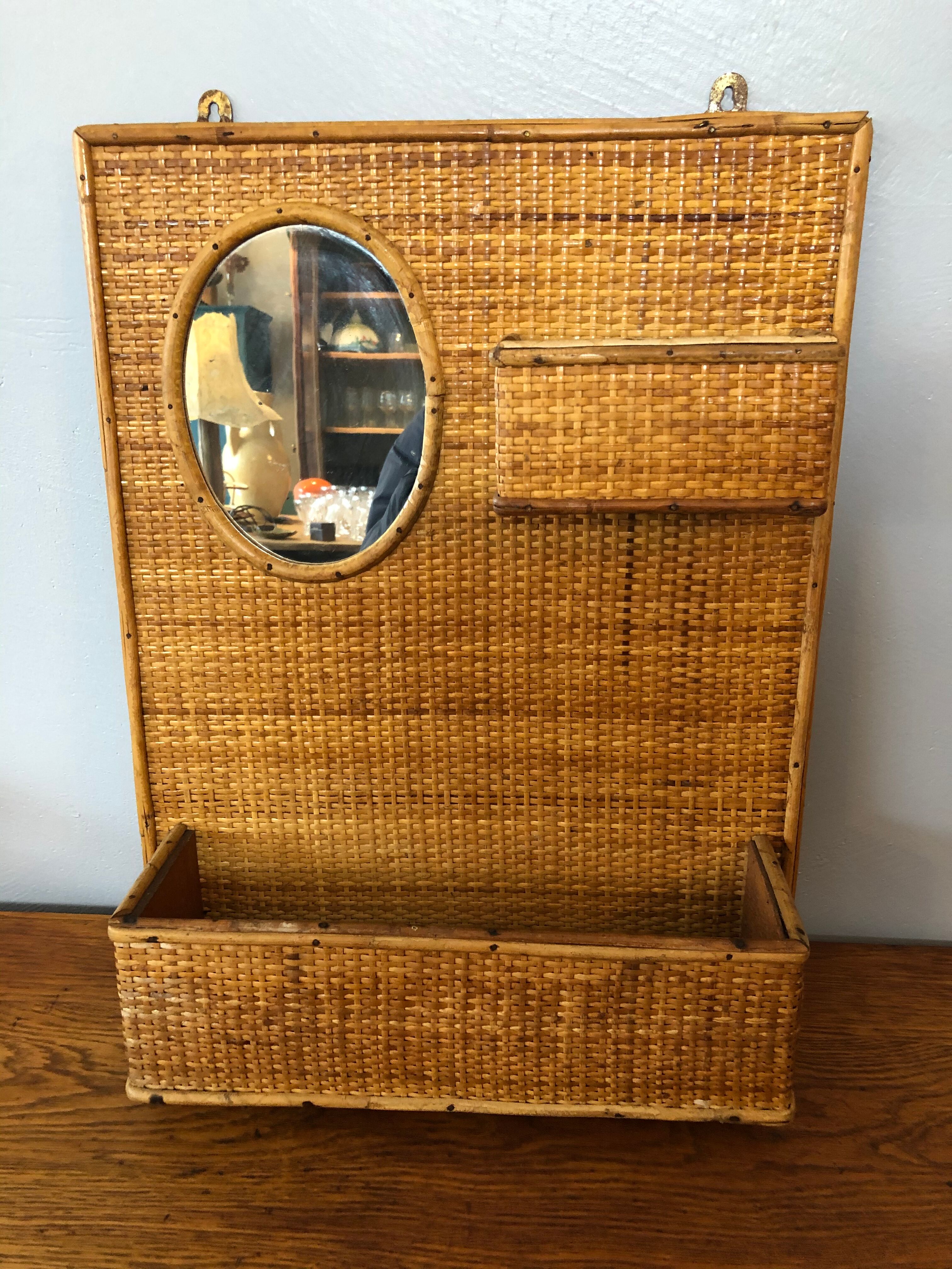 Vintage woven rattan shelf