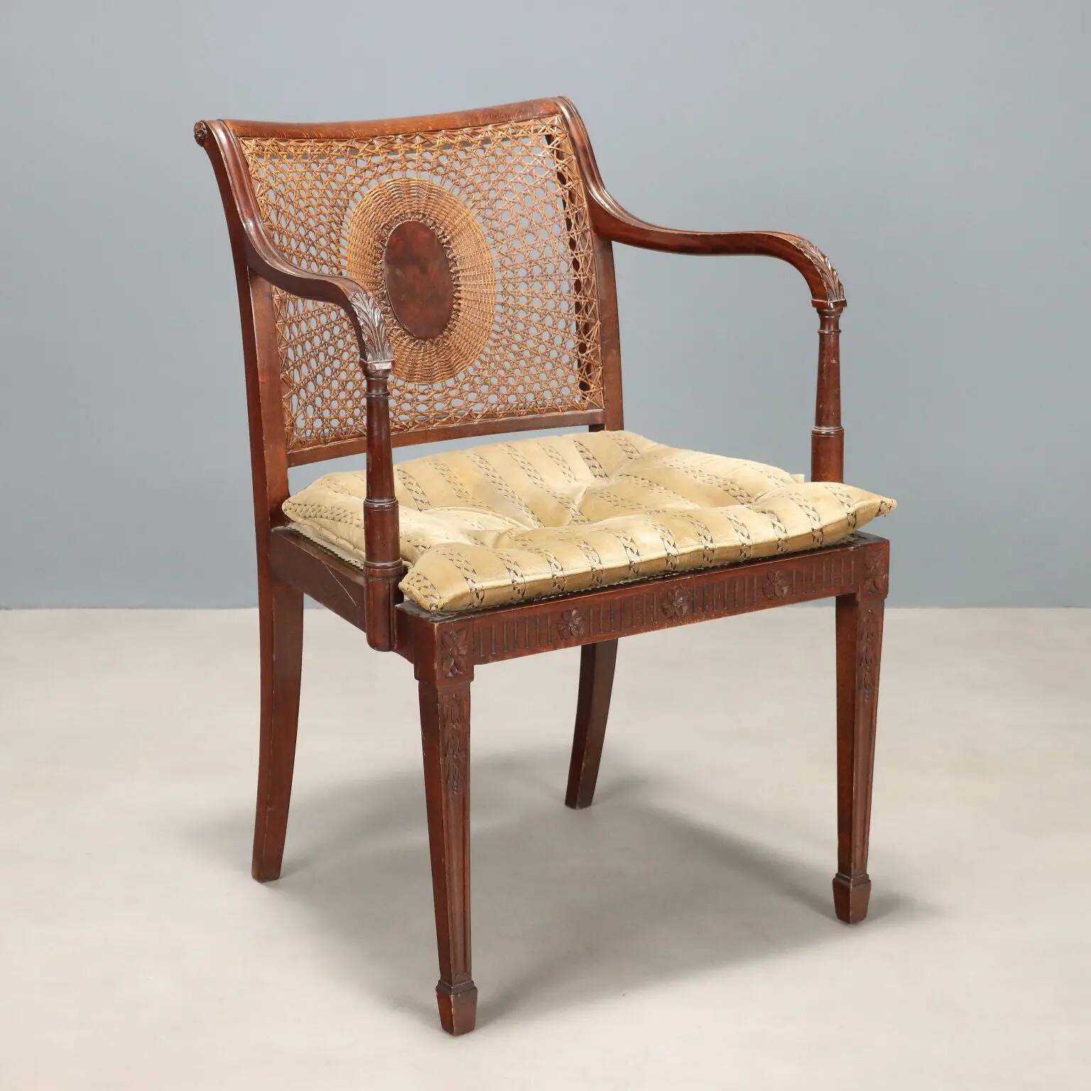 Antique beech armchair stained walnut and fabric, Italy, 19th century