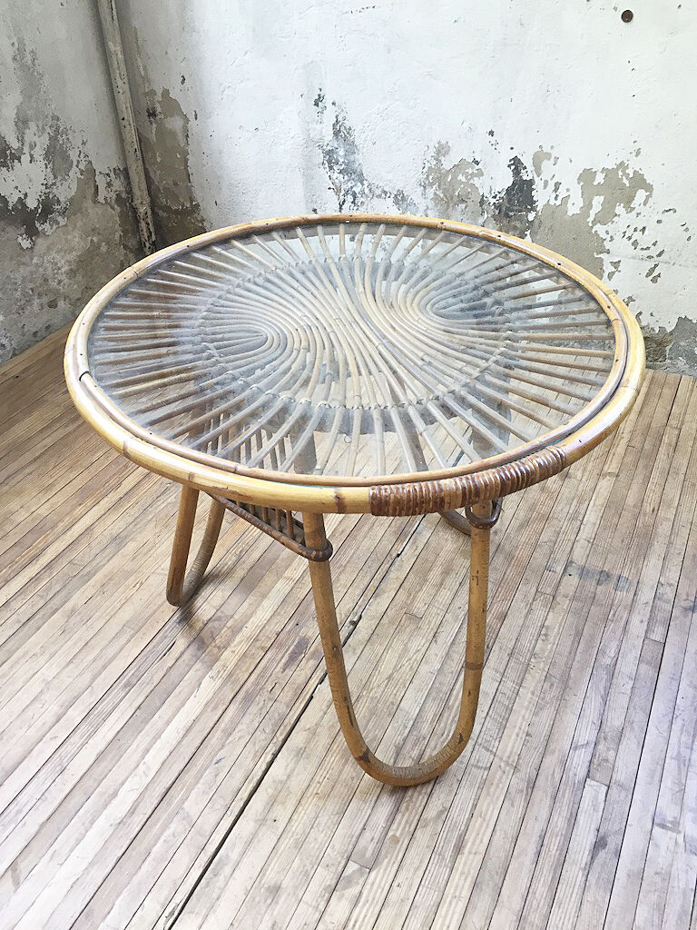 Vintage glass and rattan table