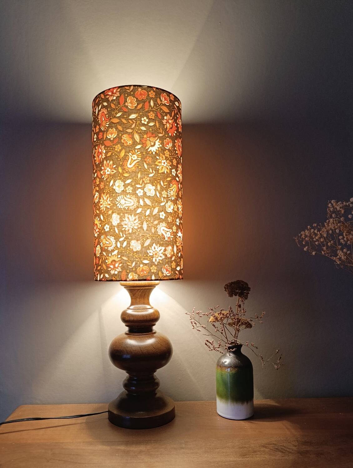 rustic wood lamp, vintage seventies lampshade with floral print