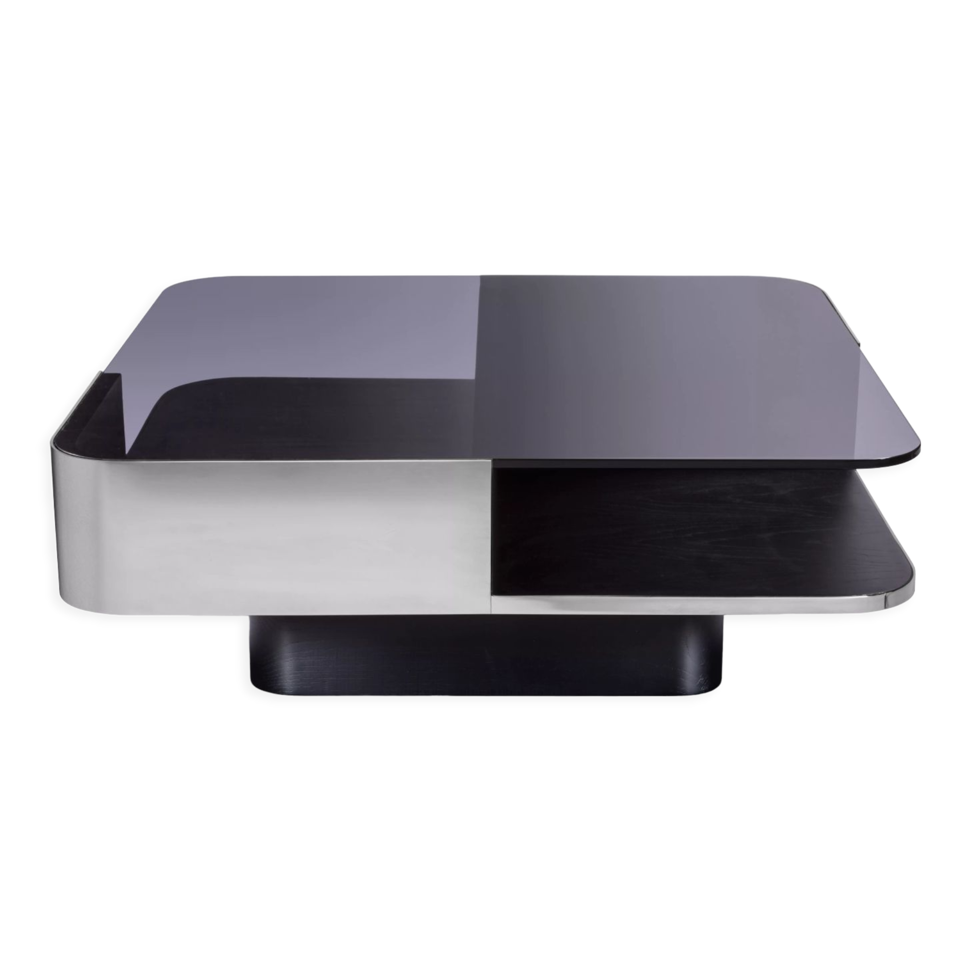 Coffee table lounge, stainless steel strapping - black smoked glass top