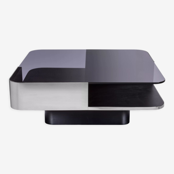Coffee table lounge, stainless steel strapping - black smoked glass top