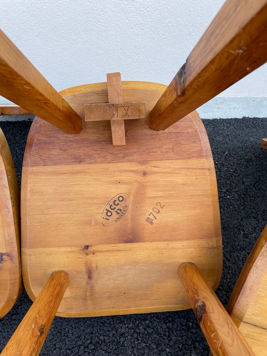 6 vintage Chairs Cembro pine Brutalist style circa 1975 Idcco Annecy