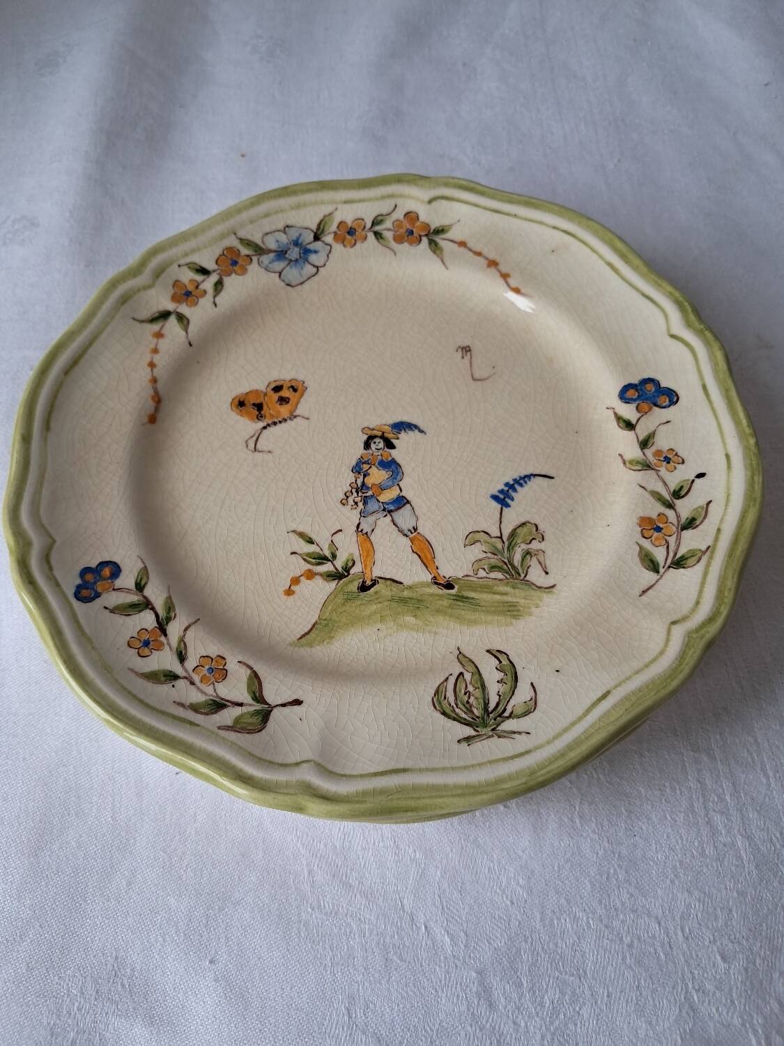 4 Moustiers Longchamp dessert plates. Hand-painted. 1986