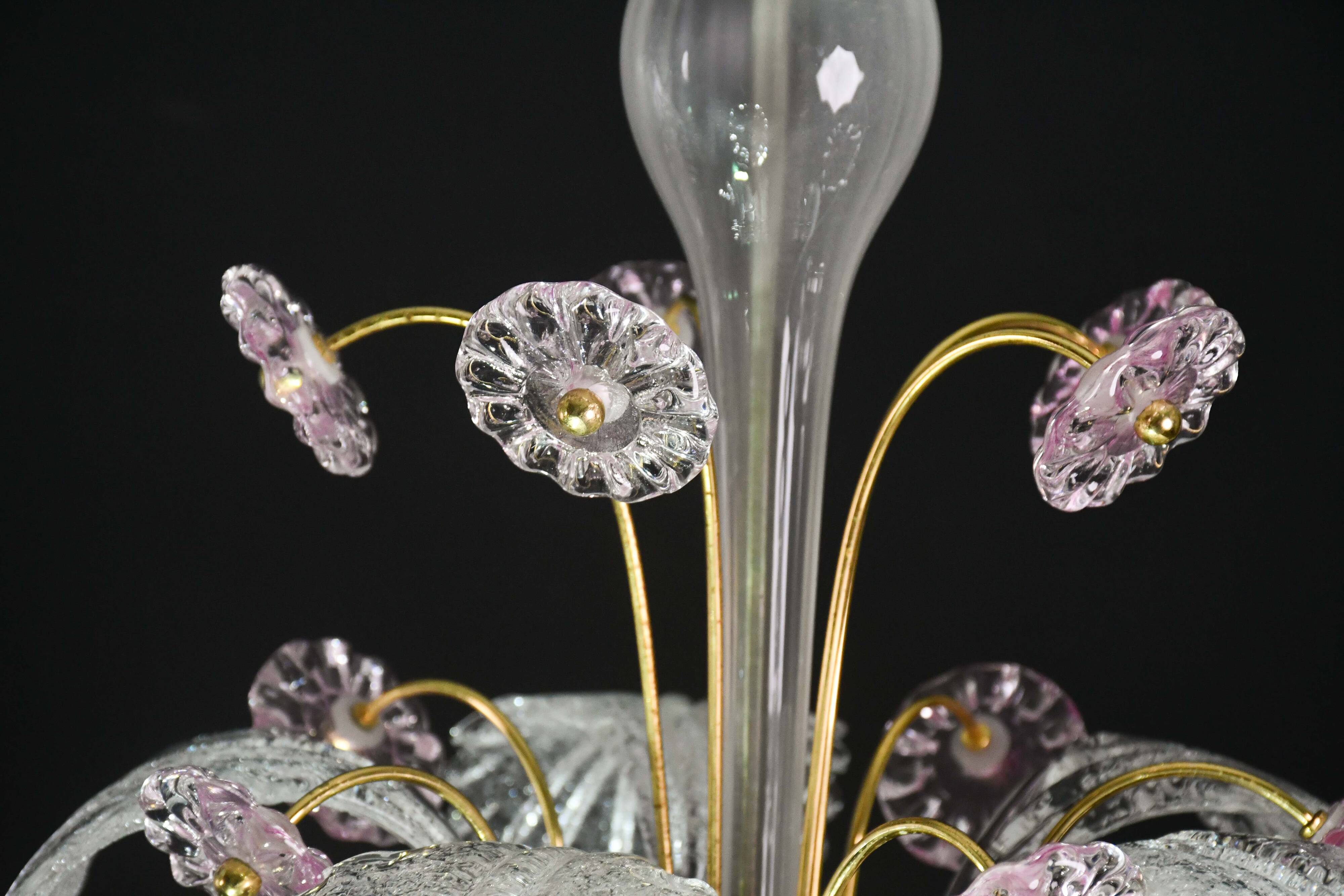 vintage Venetian chandelier, pink flower Murano glass, 1970s