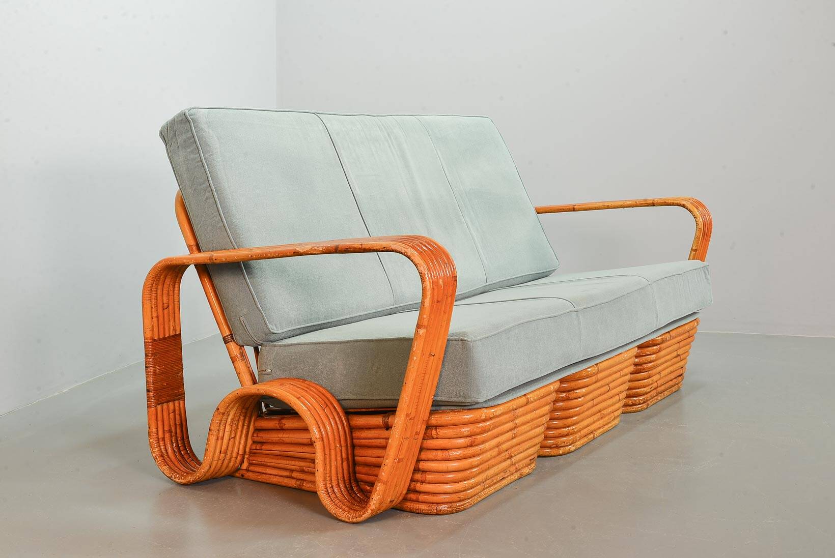 Exclusive Six Strand Rectangular Rattan 3-Seat Sofa after Paul Frankl, 50s