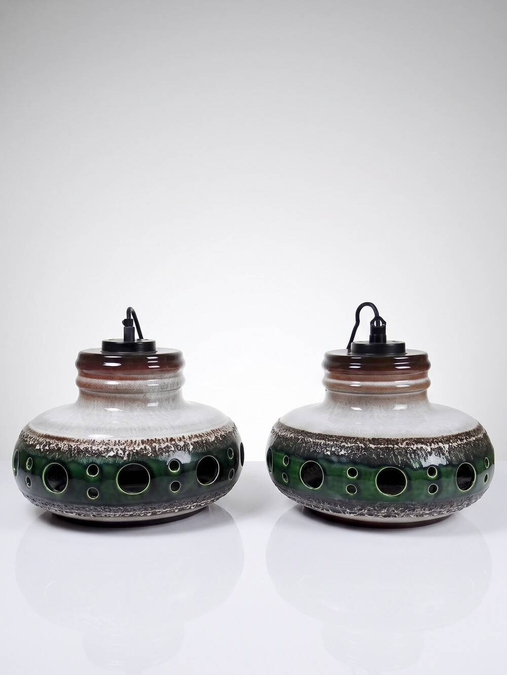Pair of large Herda pendant lights in glazed ceramic, 1970s