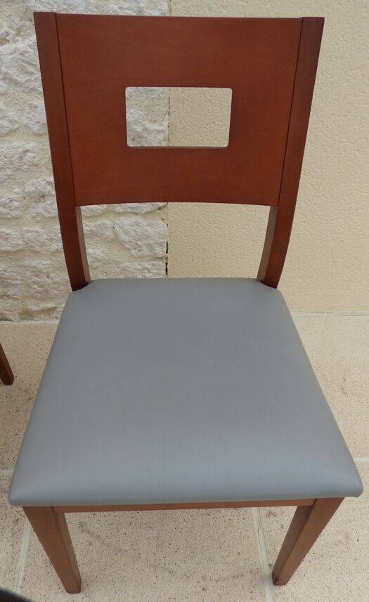 Set of 6 cherry wood style chairs with gray imitation leather seat