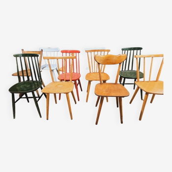 Set of 12 mismatched bistro chairs 1960
