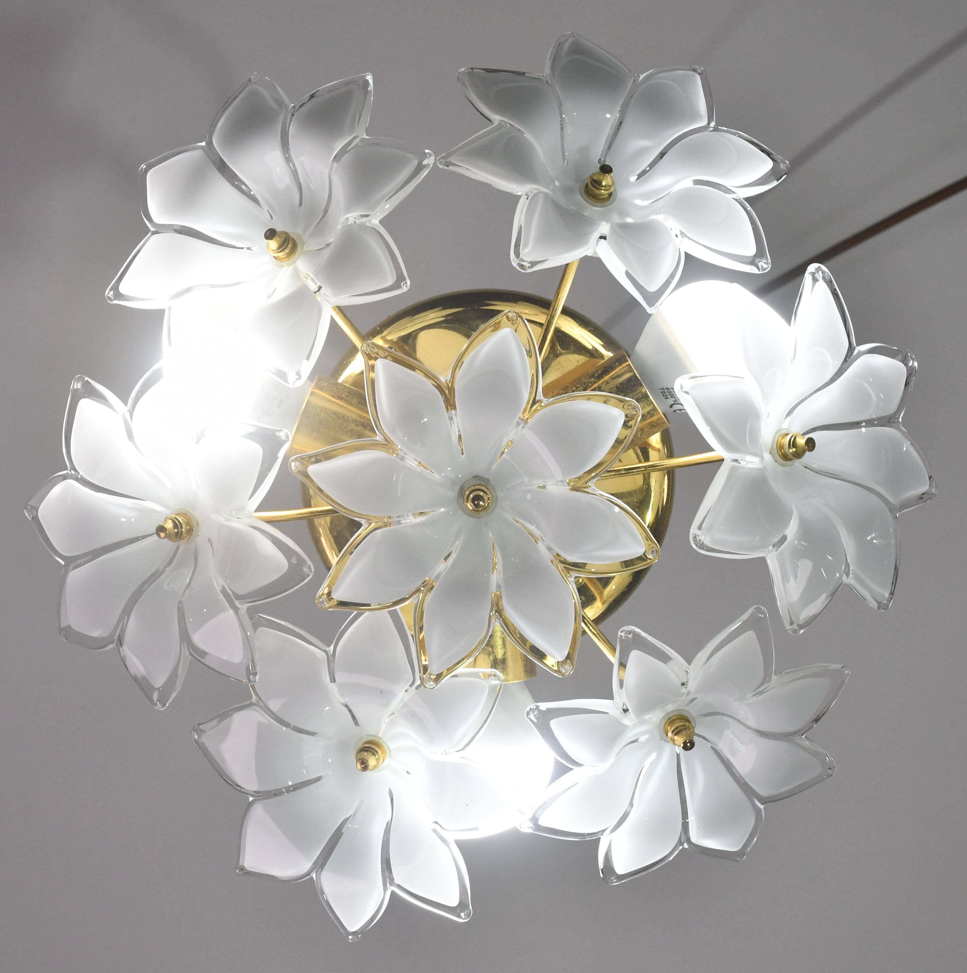 Set of 2 Charming Murano Vintage Ceiling Light White Flowers, 1970s