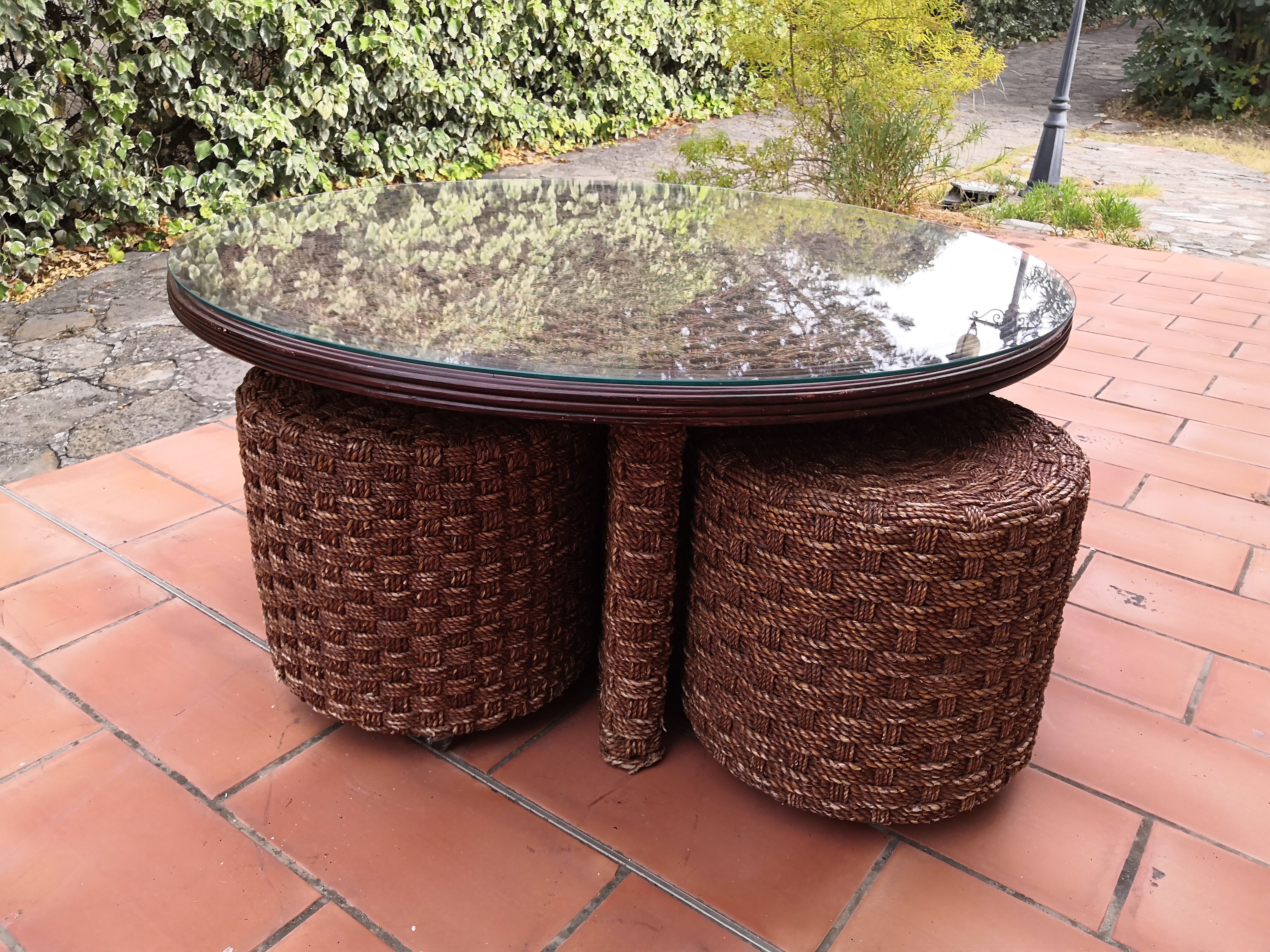Living room set, vintage rope coffee table with 4 stools 1950