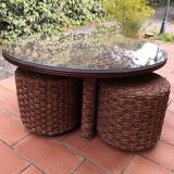 Living room set, vintage rope coffee table with 4 stools 1950