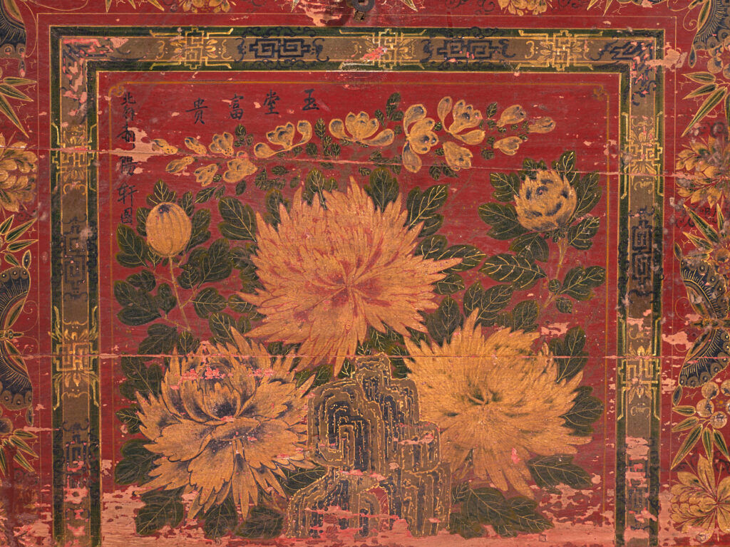 Antique chest painted vermilion red in pine wood – China, circa 1900