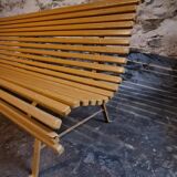 Vintage French garden bench in pine, mid-20th century.