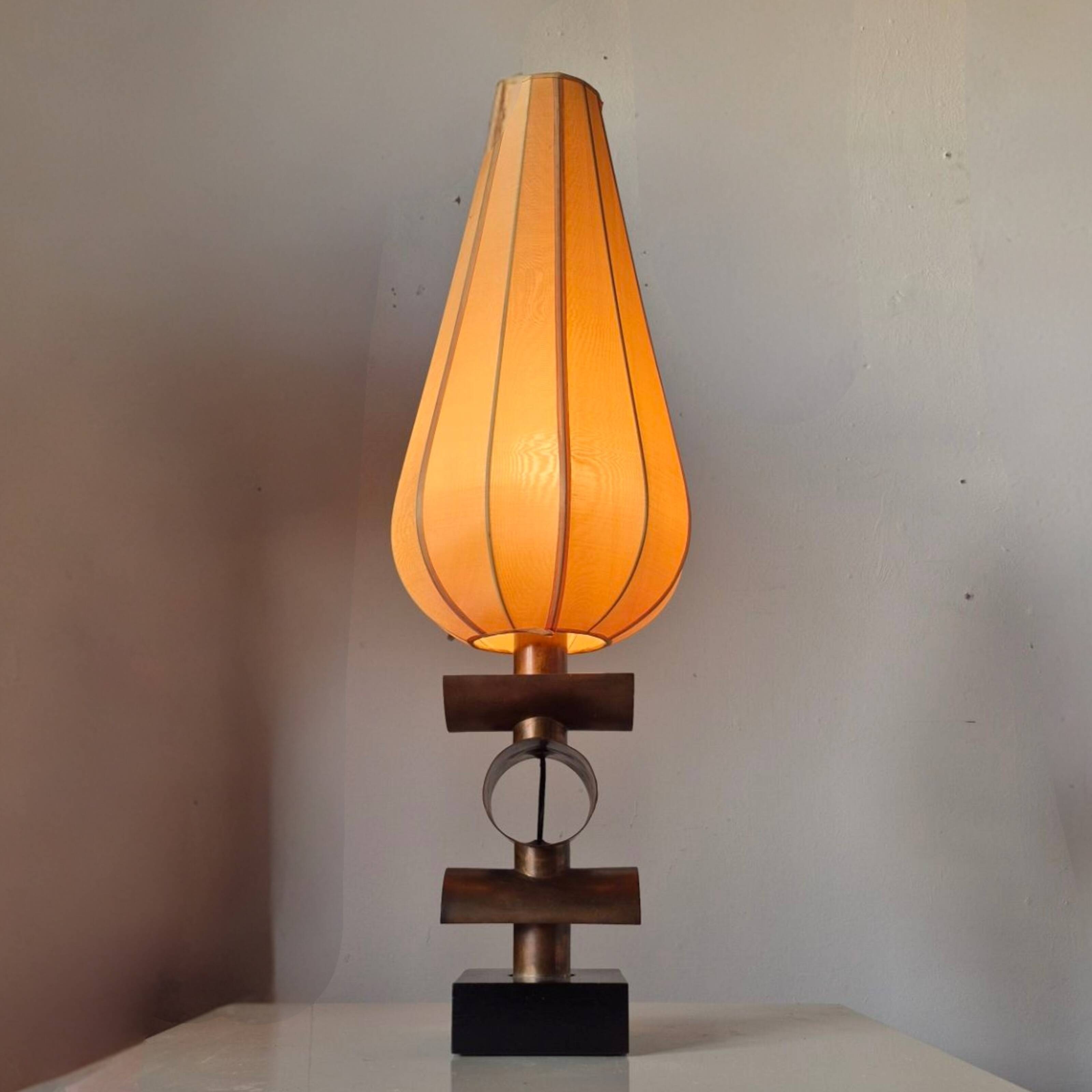 Modernist handcrafted copper and silk table lamp, Netherlands 1950s