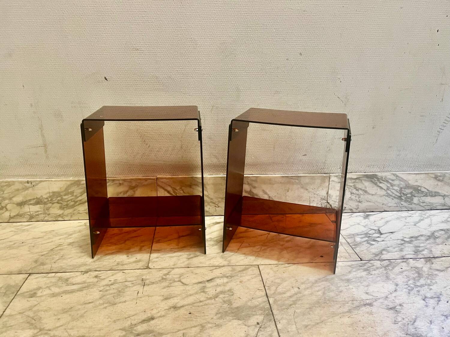Pair of vintage smoked brown plexiglass side tables