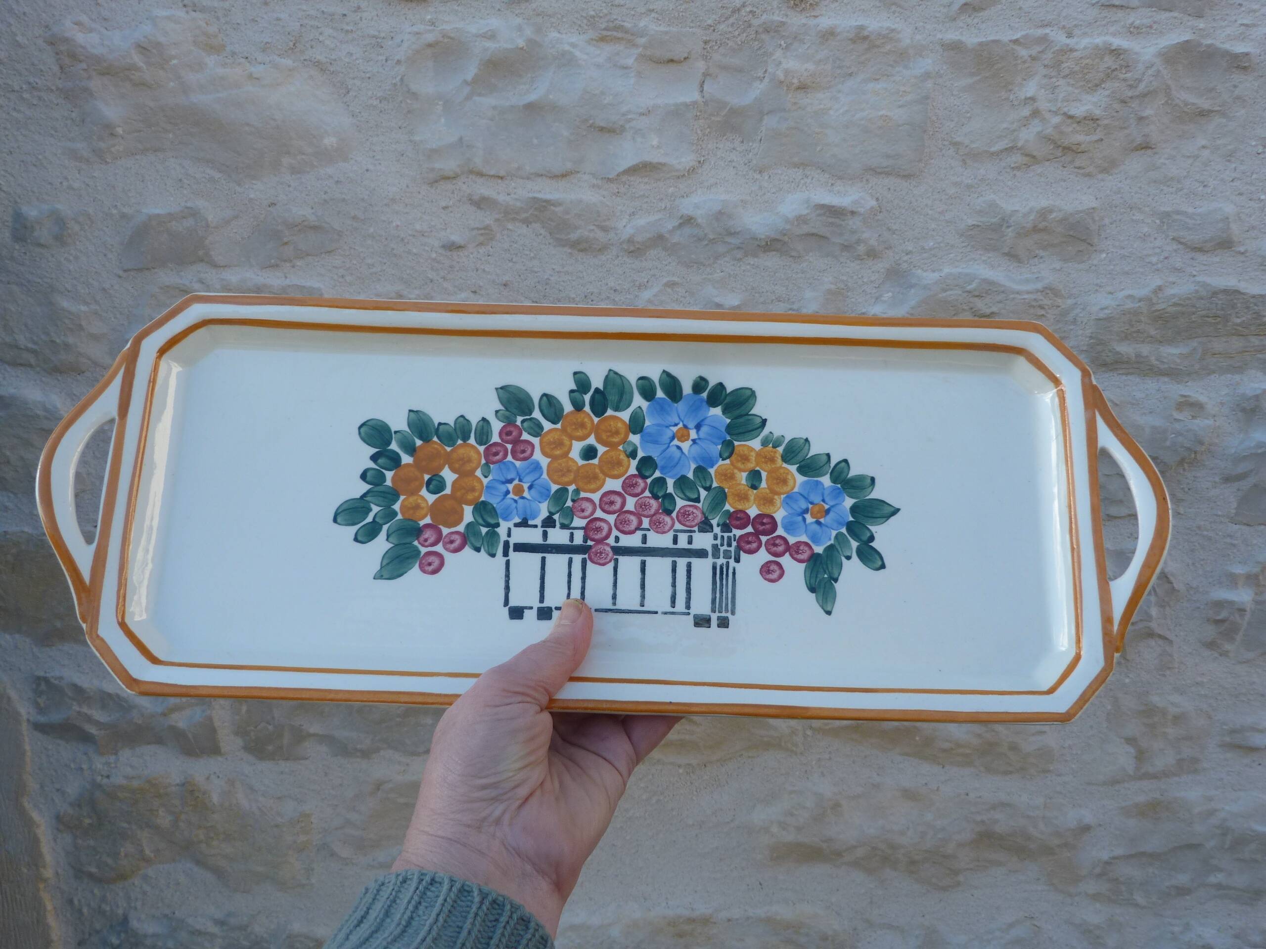 Vintage Long Ceramic Dish Art Deco Flowers