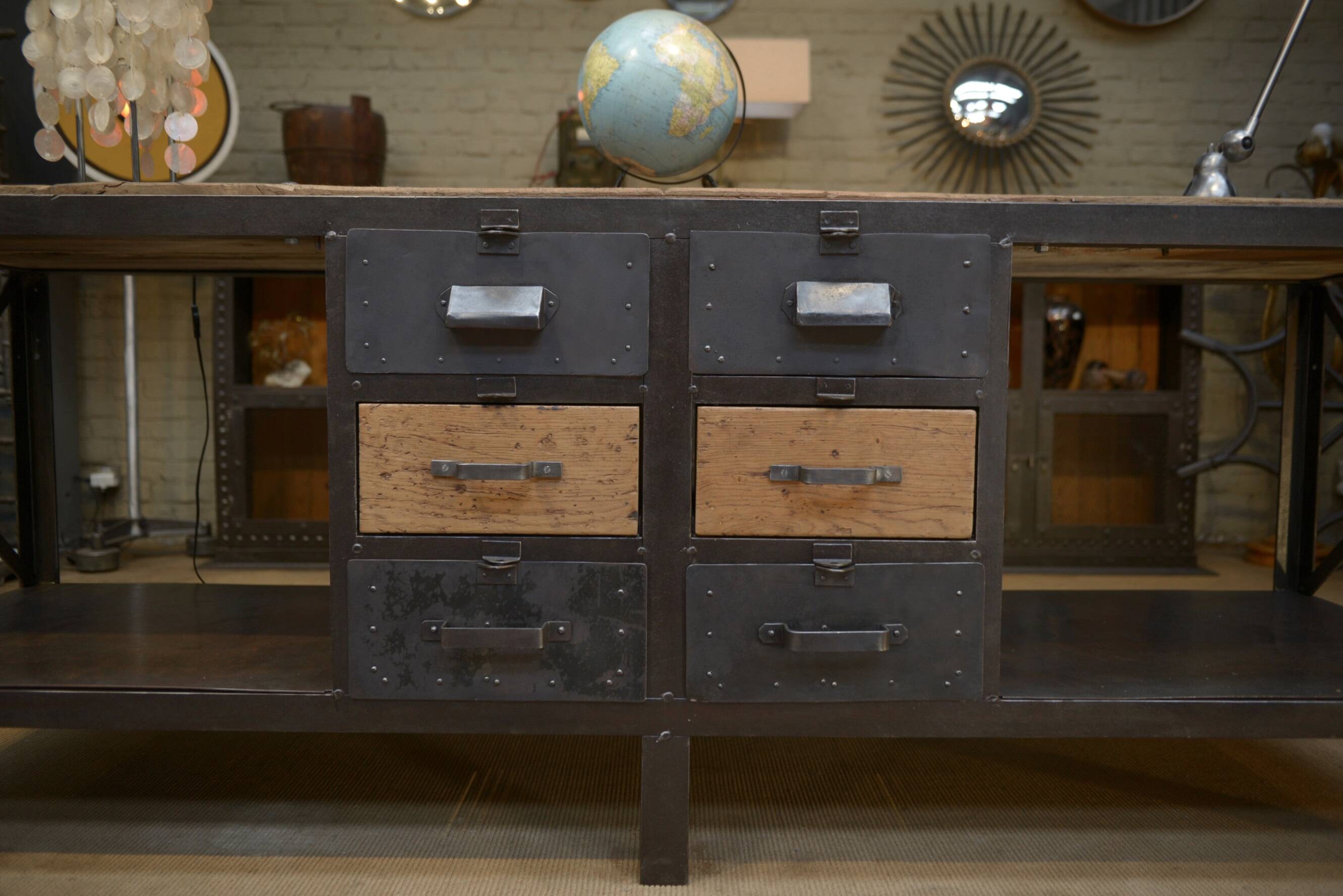 Industrial sideboard from metal and wood factory 1950