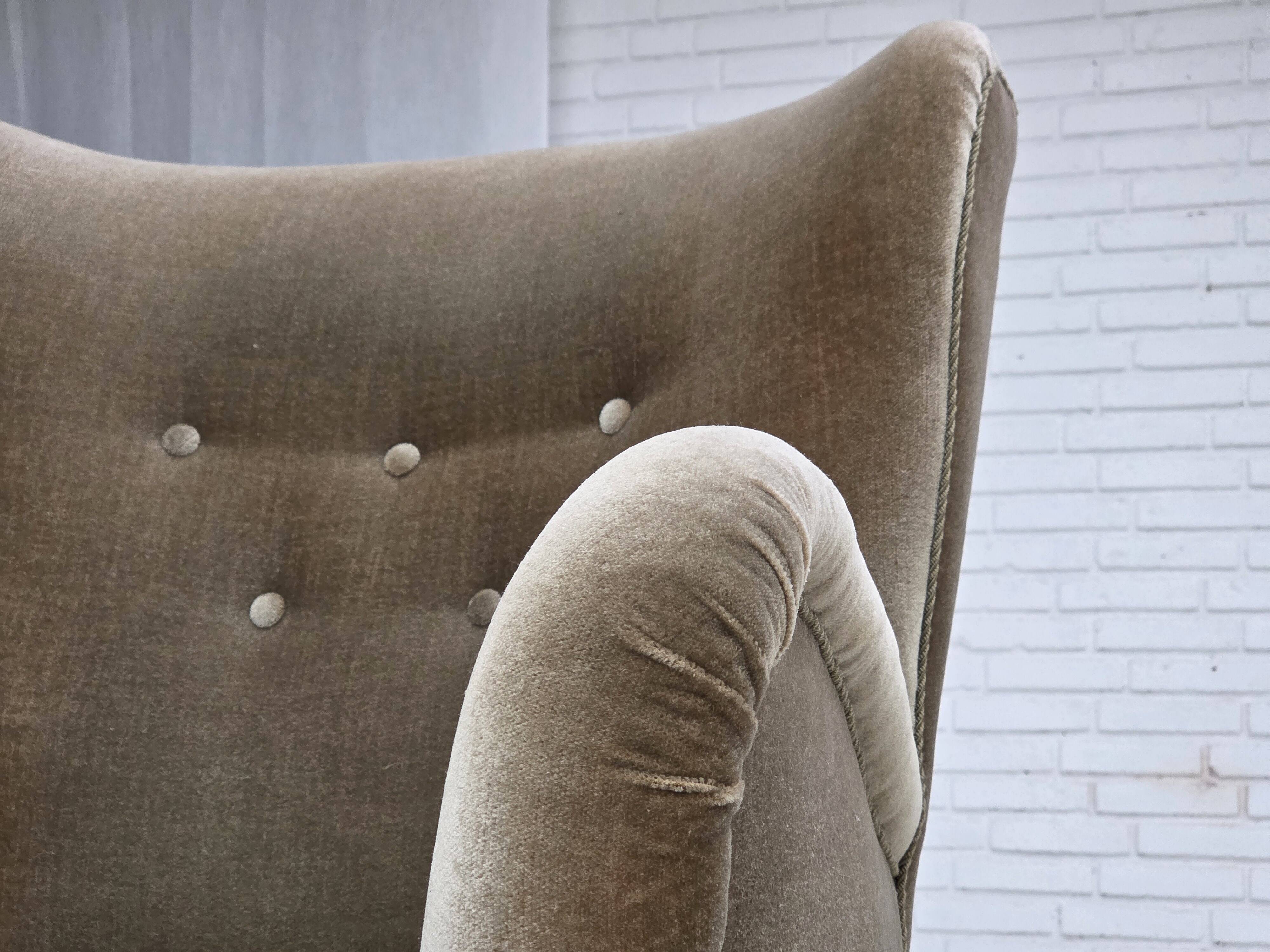 1960s, Danish armchair, green furniture velour, oak wood legs.