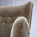 1960s, Danish armchair, green furniture velour, oak wood legs.