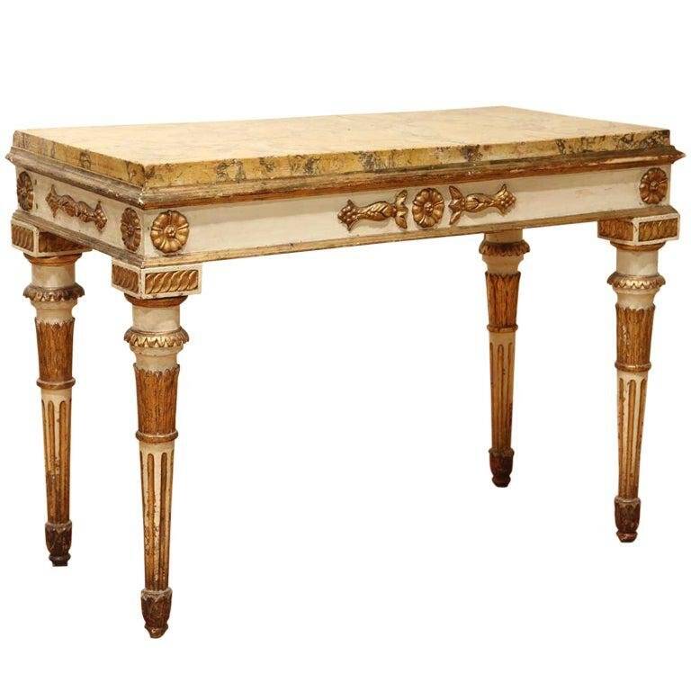 Italian Louis XVI White Lacquer and Giltwood Console with Scagliola Siena Marble Top