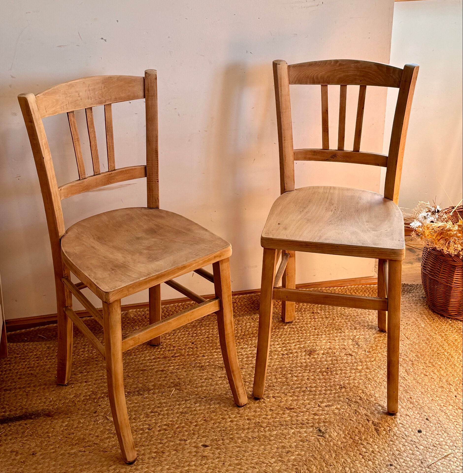 Set of 2 vintage bistro chairs in raw wood.