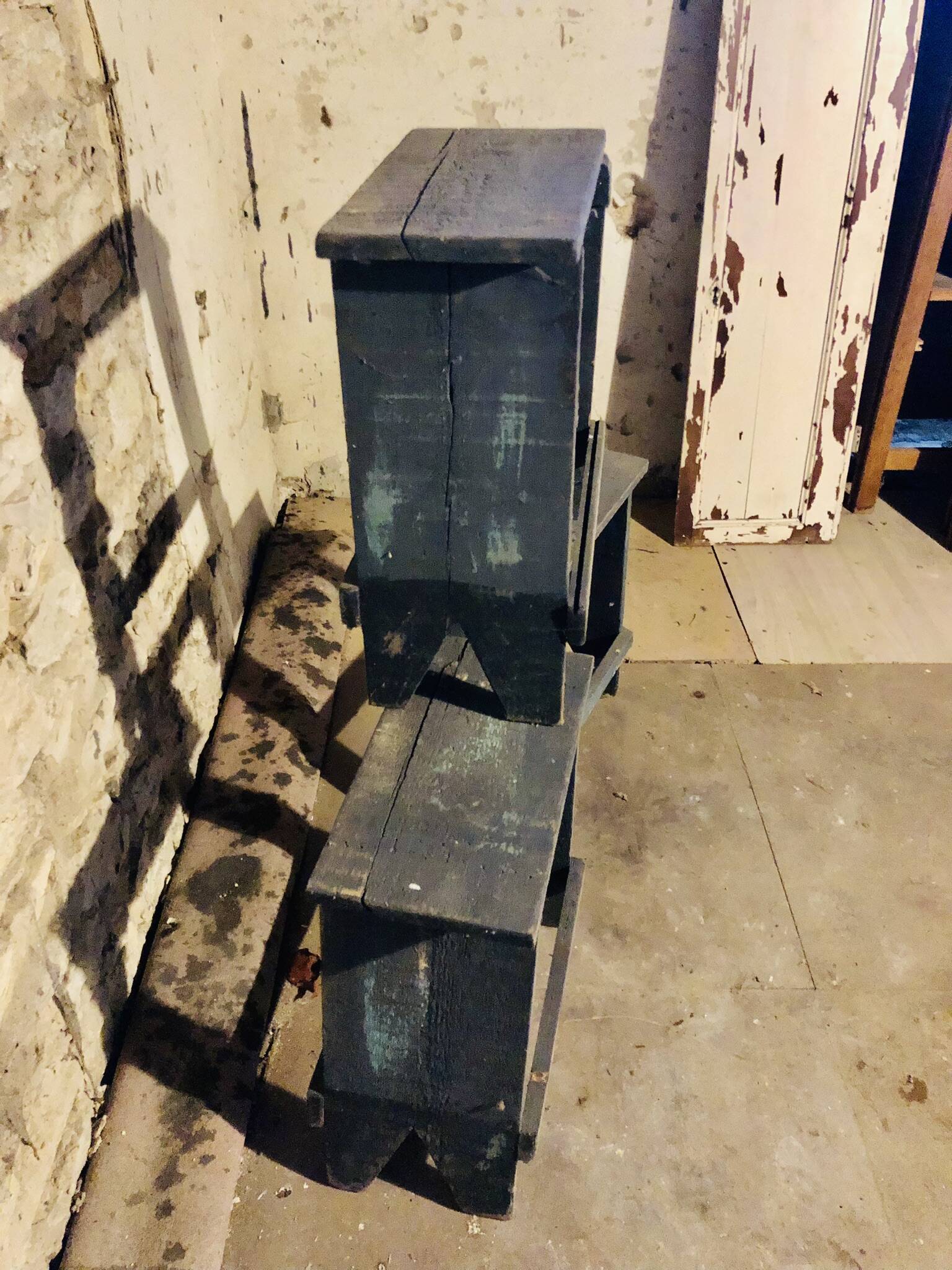 3 low blue-grey stools