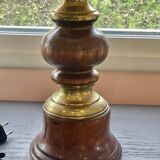 Table lamp with wooden and brass base + lampshade - Height 68 cm