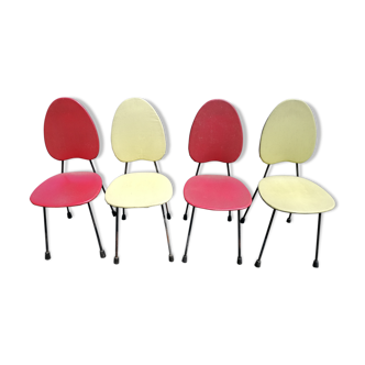 Série de 4 chaises vintage rouge et jaune