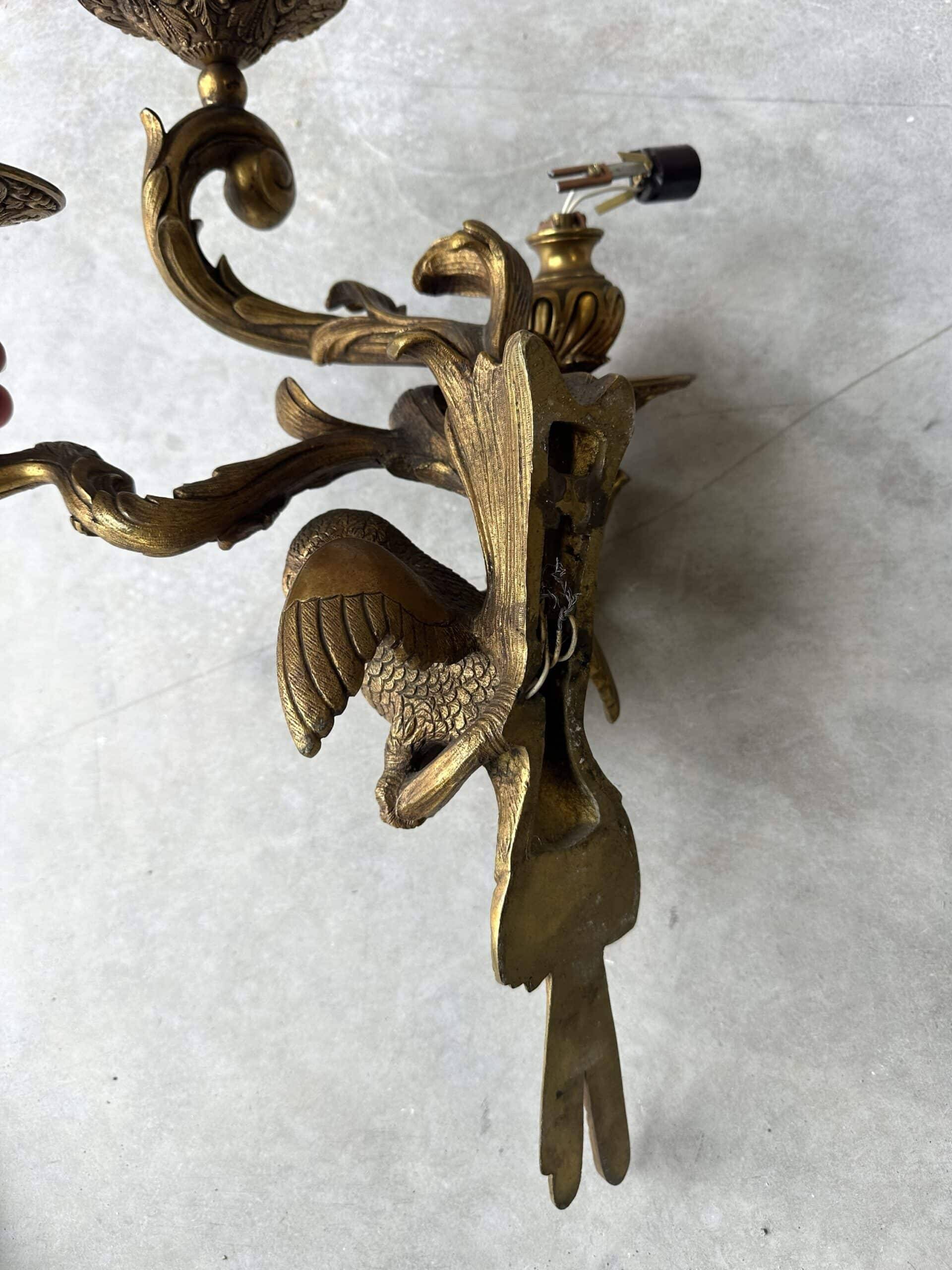 Pair of bronze wall sconces with parrots, early 20th century.