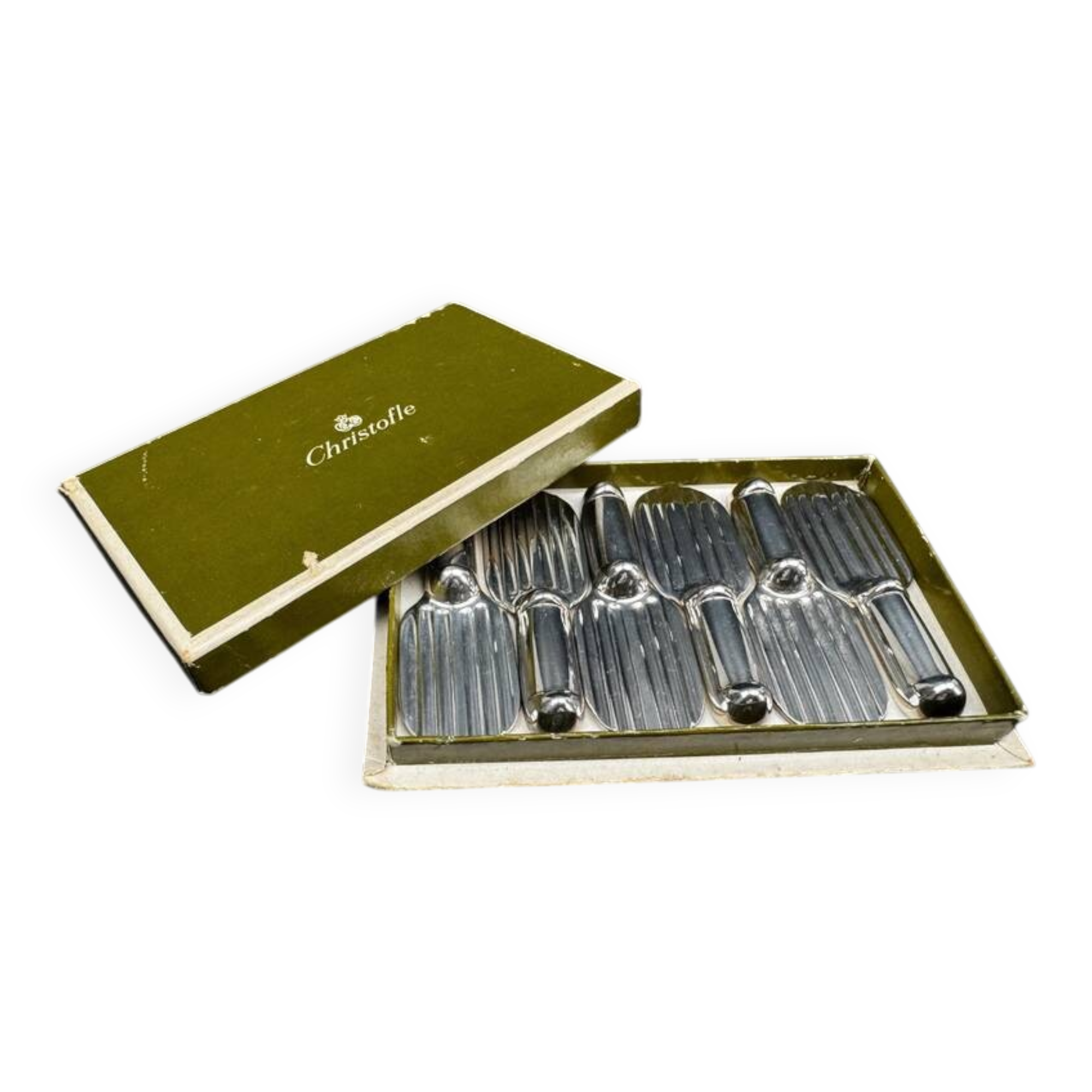 Christofle – Suite de 6 porte-couteaux en métal argenté, modèle Ondulations, avec coffret