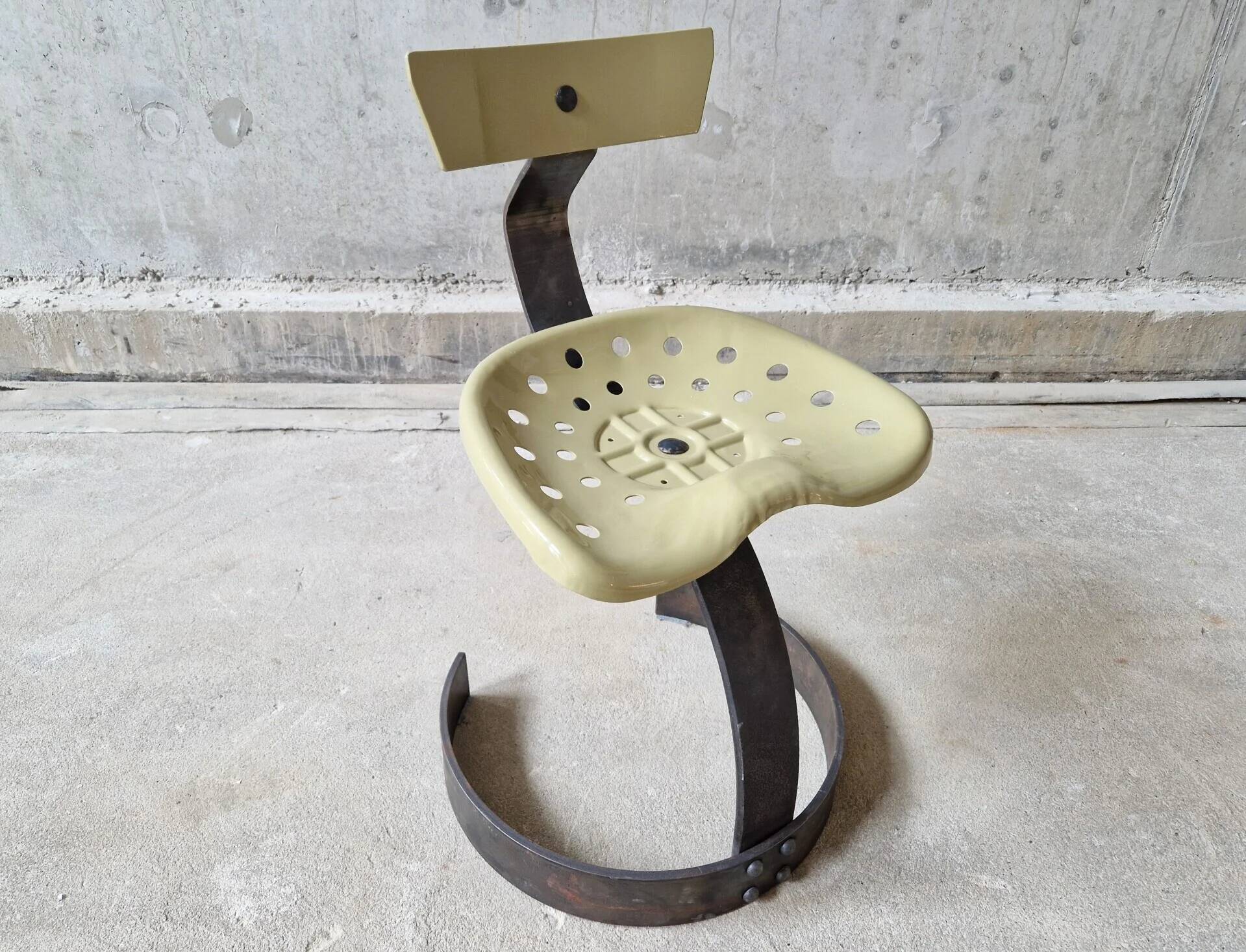 Unique set of 4 metal tractor seat chairs, 1990