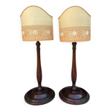 Pair of large retro lamps with wooden column base 72 cm