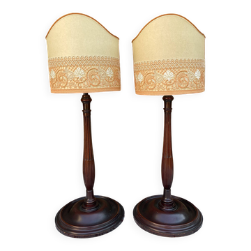 Pair of large retro lamps with wooden column base 72 cm